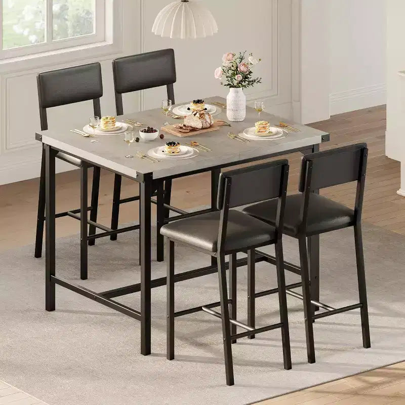 Ensemble de table à manger pour 4 personnes, table à manger rectangulaire avec cadre en métal et panneau MDF, table de cuisine en bois avec chaises rembourrées pour petit appartement