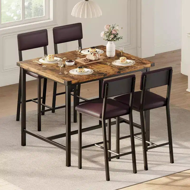 Ensemble de table à manger pour 4 personnes, table à manger rectangulaire avec cadre en métal et panneau MDF, table de cuisine en bois avec chaises rembourrées pour petit appartement