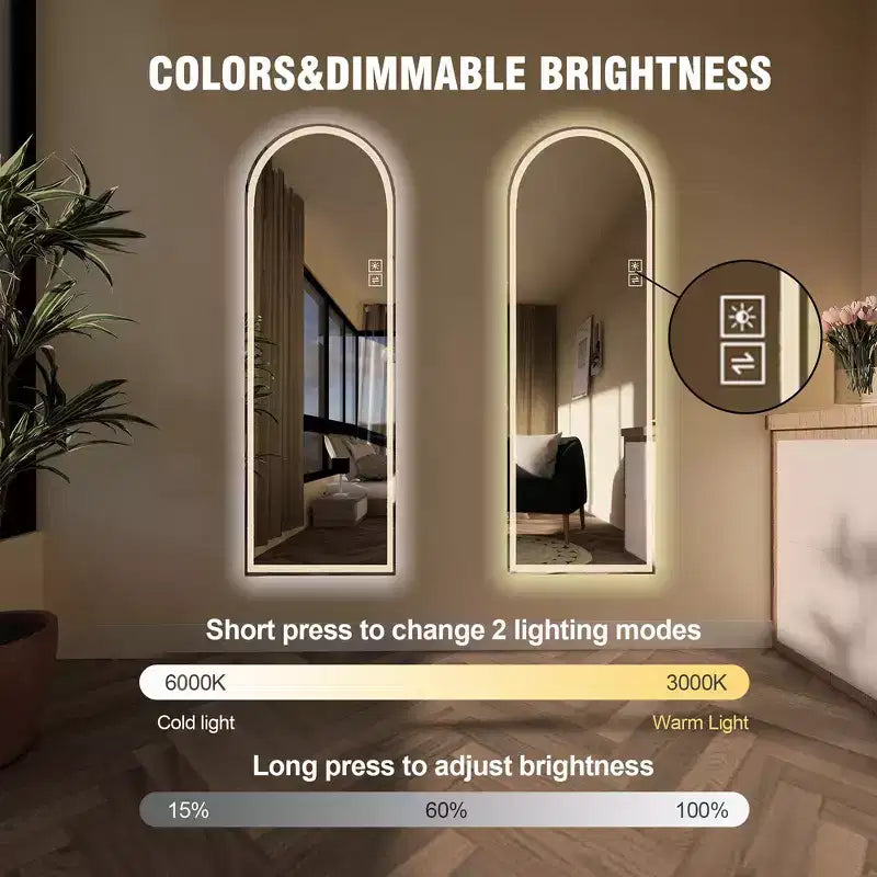 Miroir LED sans cadre pleine longueur avec lumières à intensité variable 3 couleurs, mural ou sur pied, 65x21"