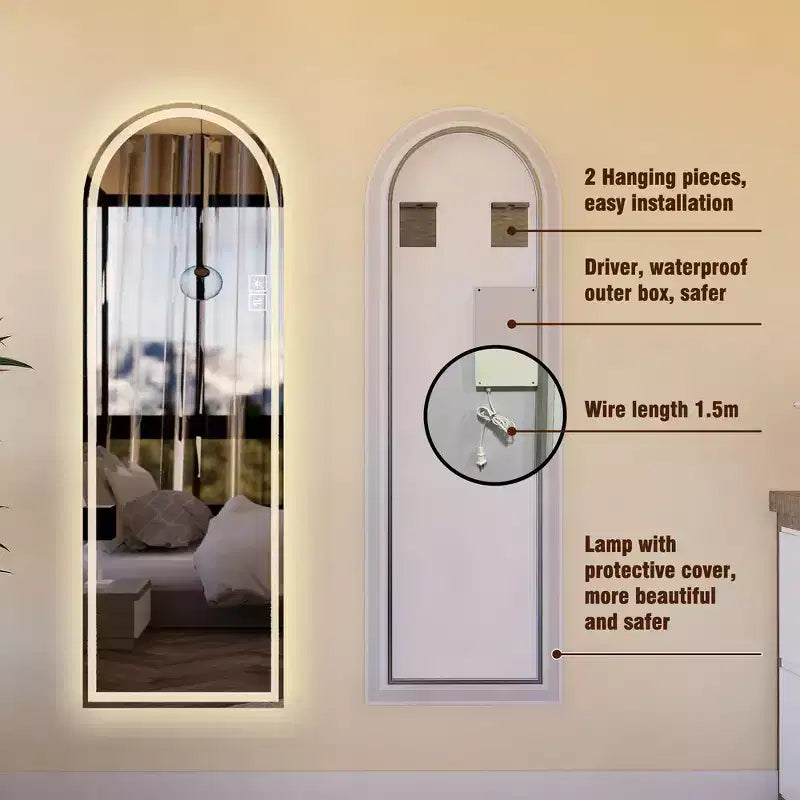 Miroir LED sans cadre pleine longueur avec lumières à intensité variable 3 couleurs, mural ou sur pied, 65x21"