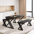 TROPOW Kitchen Table with 2 Benches, Dining Table Set for 4, Saving Space Dining Room Table Set for Kitchen, Sturdy Metal Frame, Black