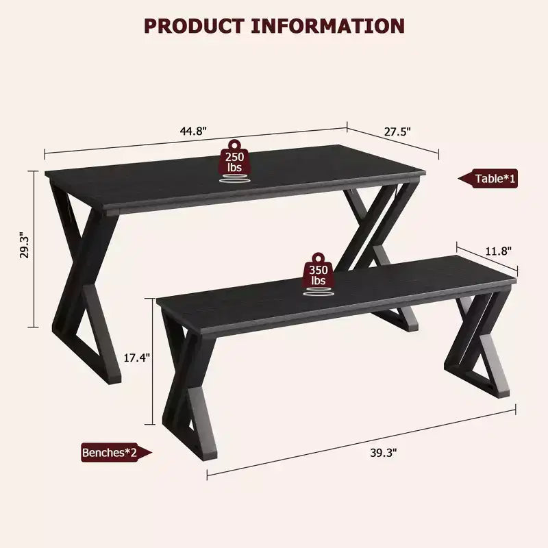 Ensemble table de salle à manger et 2 bancs pour 4 personnes, cadre métallique peu encombrant, noir