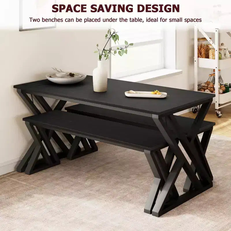 Ensemble table de salle à manger et 2 bancs pour 4 personnes, cadre métallique peu encombrant, noir