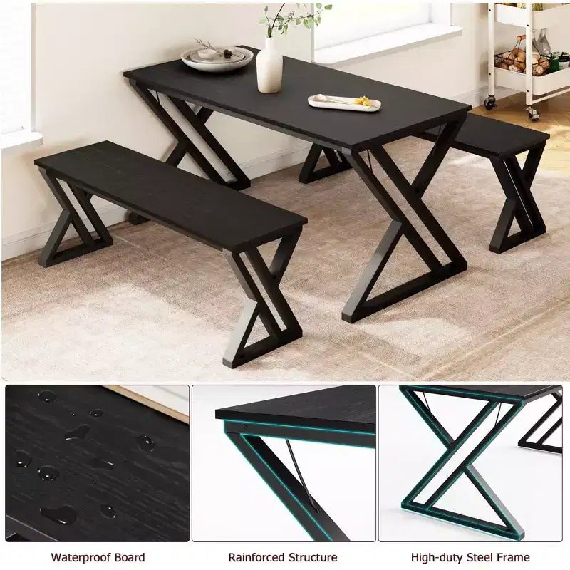 Ensemble table de salle à manger et 2 bancs pour 4 personnes, cadre métallique peu encombrant, noir