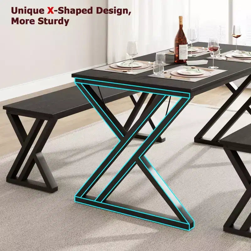 Ensemble table de salle à manger et 2 bancs pour 4 personnes, cadre métallique peu encombrant, noir