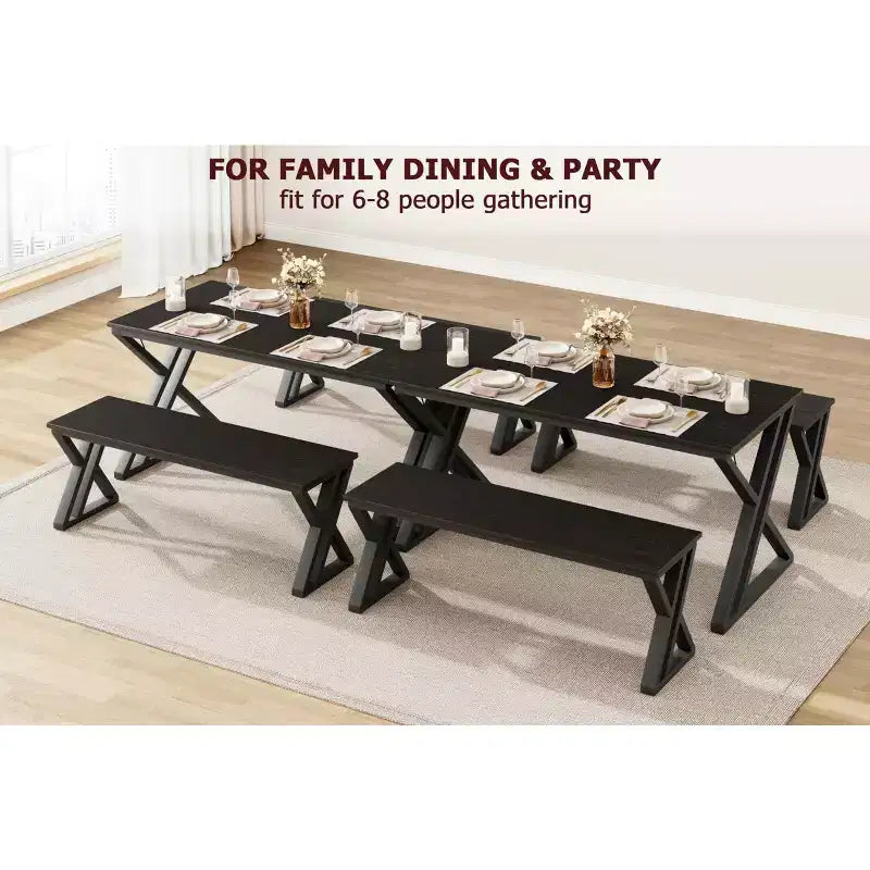 Ensemble table de salle à manger et 2 bancs pour 4 personnes, cadre métallique peu encombrant, noir