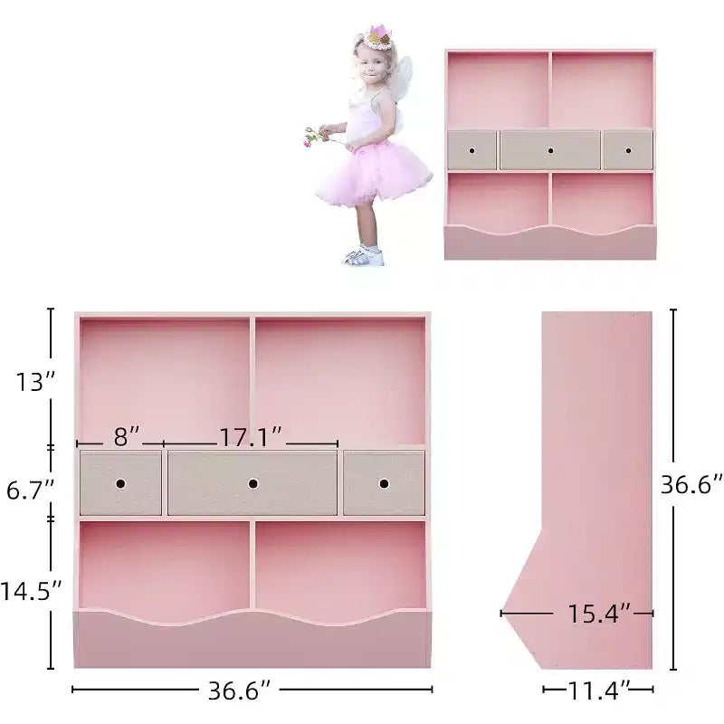 Organisateur de rangement pour jouets pour enfants à 7 compartiments, bibliothèque à 3 niveaux avec 3 tiroirs, grande bibliothèque en bois, rose (lot de 2)