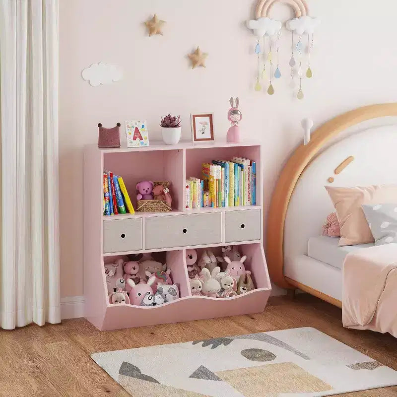Organisateur de rangement pour jouets pour enfants à 7 compartiments, bibliothèque à 3 niveaux avec 3 tiroirs, grande bibliothèque en bois, rose (lot de 2)