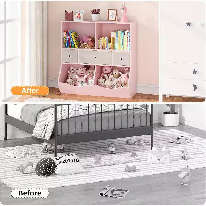 Organisateur de rangement pour jouets pour enfants à 7 compartiments, bibliothèque à 3 niveaux avec 3 tiroirs, grande bibliothèque en bois, rose (lot de 2)