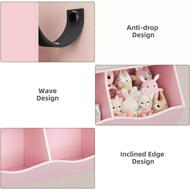 Organisateur de rangement pour jouets pour enfants à 7 compartiments, bibliothèque à 3 niveaux avec 3 tiroirs, grande bibliothèque en bois, rose (lot de 2)