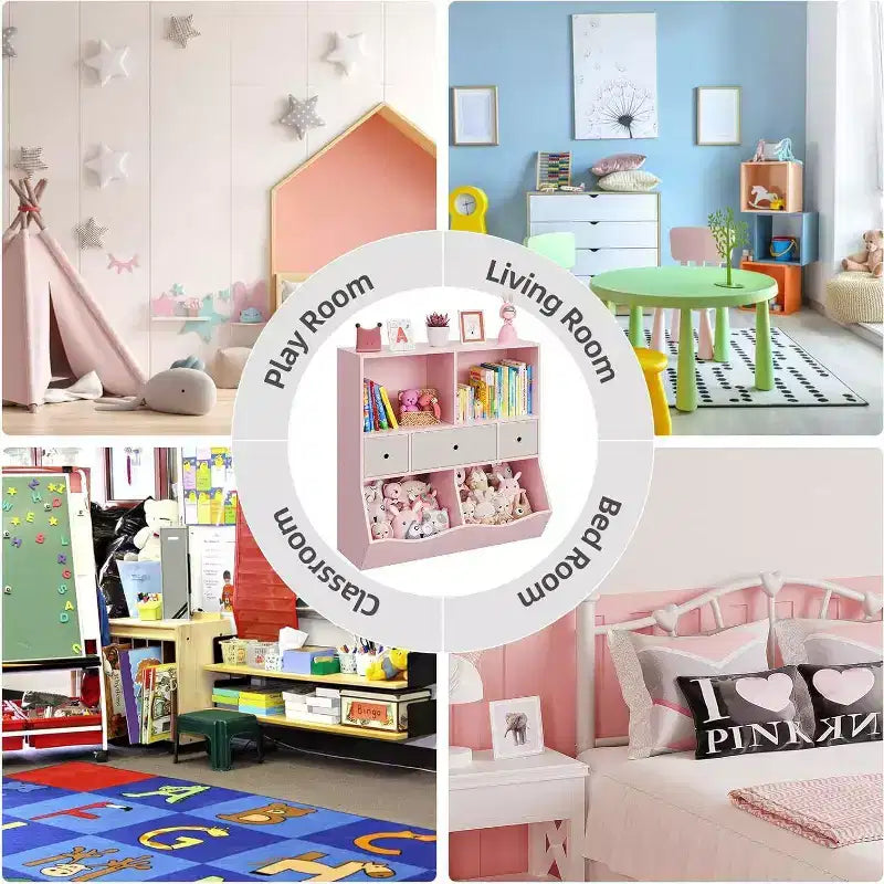 Organisateur de rangement pour jouets pour enfants à 7 compartiments, bibliothèque à 3 niveaux avec 3 tiroirs, grande bibliothèque en bois, rose (lot de 2)