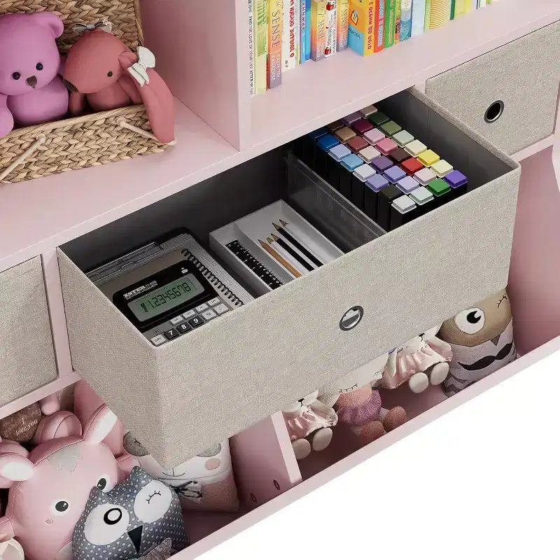 Organisateur de rangement pour jouets pour enfants à 7 compartiments, bibliothèque à 3 niveaux avec 3 tiroirs, grande bibliothèque en bois, rose (lot de 2)
