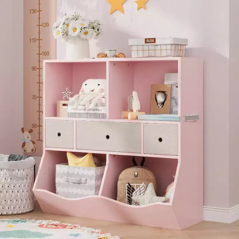 Organisateur de rangement pour jouets pour enfants à 7 compartiments, bibliothèque à 3 niveaux avec 3 tiroirs, grande bibliothèque en bois, rose (lot de 2)