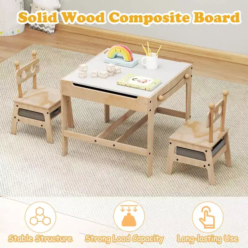 Ensemble table et chaises 4-en-1 pour enfants avec tableau blanc réversible, gris/orange et naturel
