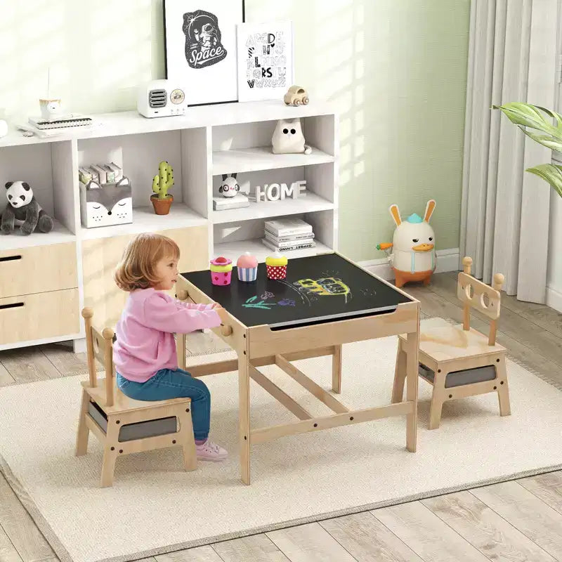 Ensemble table et chaises 4-en-1 pour enfants avec tableau blanc réversible, gris/orange et naturel