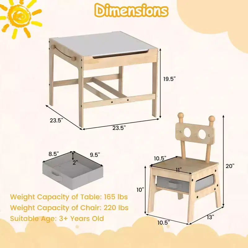 Ensemble table et chaises 4-en-1 pour enfants avec tableau blanc réversible, gris/orange et naturel