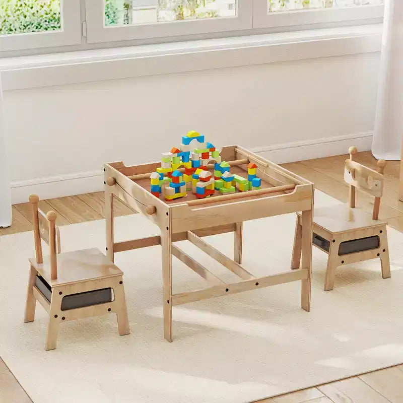 Ensemble table et chaises 4-en-1 pour enfants avec tableau blanc réversible, gris/orange et naturel