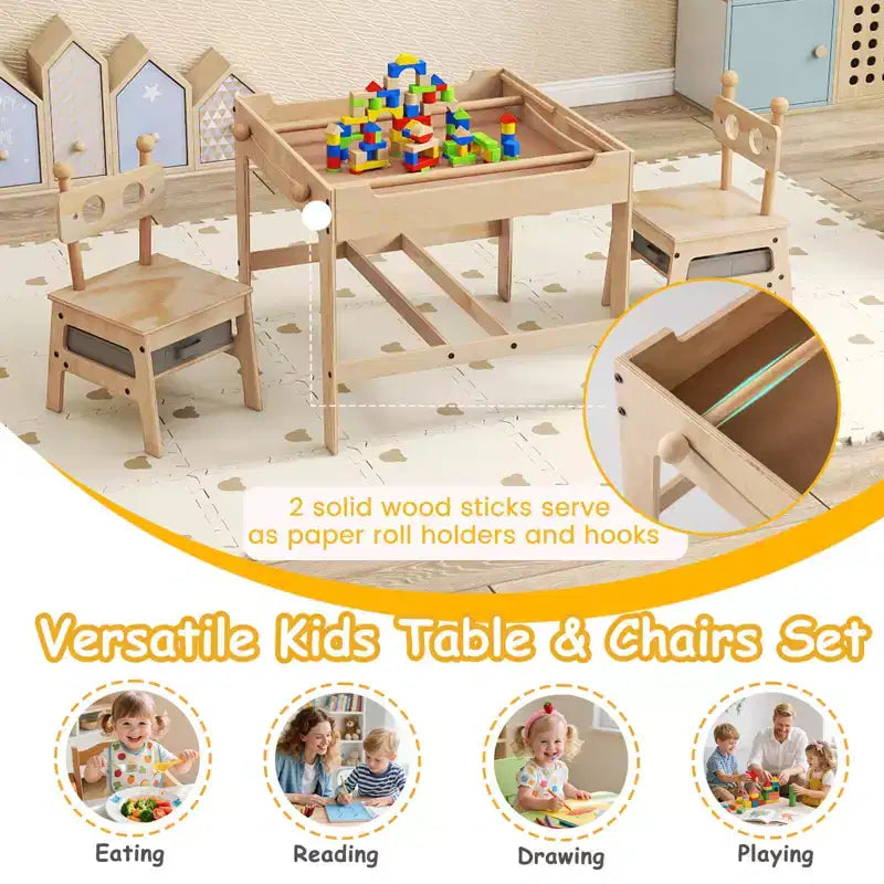 Ensemble table et chaises 4-en-1 pour enfants avec tableau blanc réversible, gris/orange et naturel
