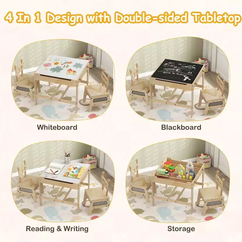 Ensemble table et chaises 4-en-1 pour enfants avec tableau blanc réversible, gris/orange et naturel