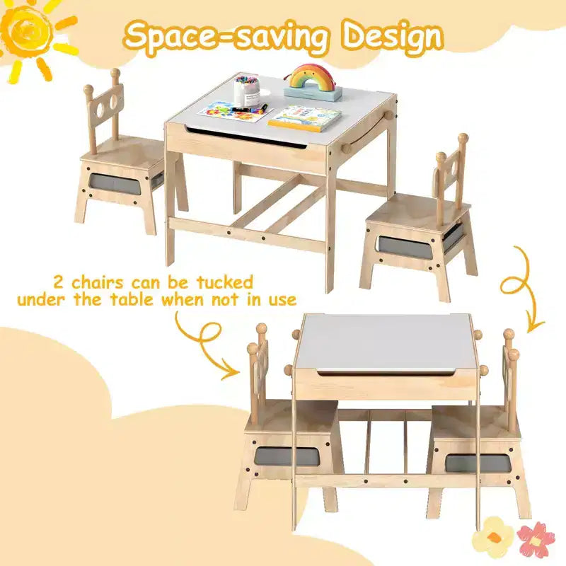 Ensemble table et chaises 4-en-1 pour enfants avec tableau blanc réversible, gris/orange et naturel