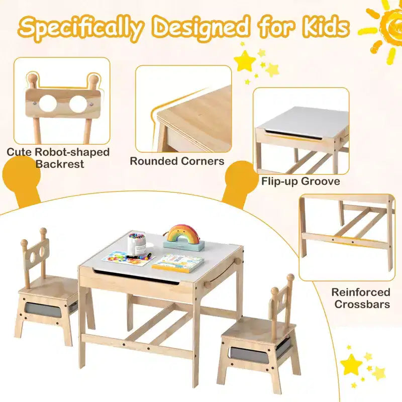 Ensemble table et chaises 4-en-1 pour enfants avec tableau blanc réversible, gris/orange et naturel