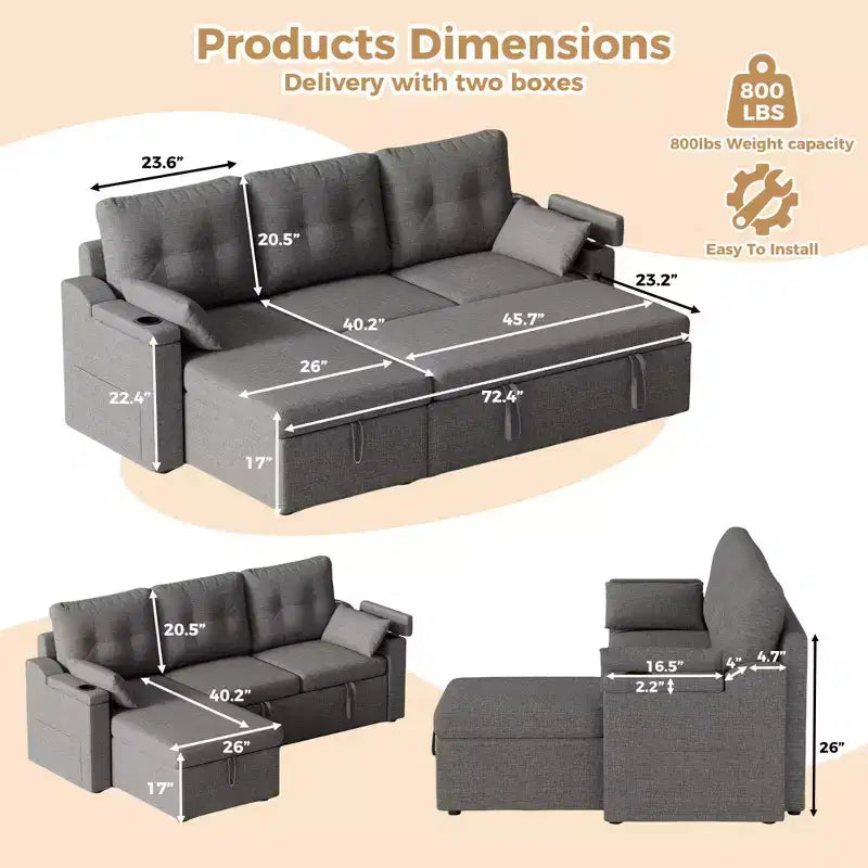 Canapé inclinable, canapé-lit avec rangement, méridienne coulissante, canapé d'angle moderne en L avec lit gigogne, housses de coussin amovibles