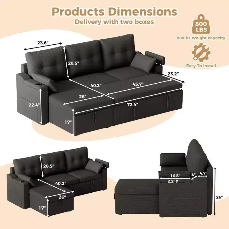 Canapé inclinable, canapé-lit avec rangement, méridienne coulissante, canapé d'angle moderne en L avec lit gigogne, housses de coussin amovibles