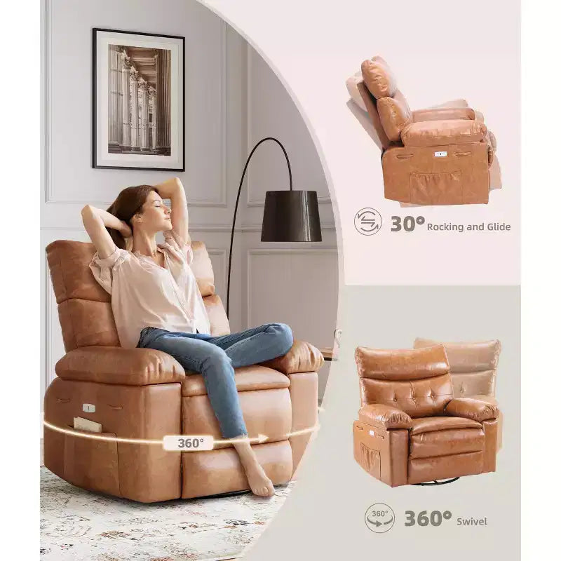 Fauteuil Inclinable Surdimensionné Chauffant et Massant, Pivotant à 360°, Bascule Manuelle