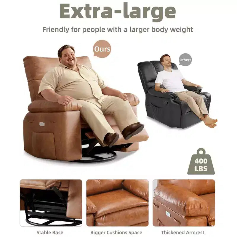 Fauteuil Inclinable Surdimensionné Chauffant et Massant, Pivotant à 360°, Bascule Manuelle