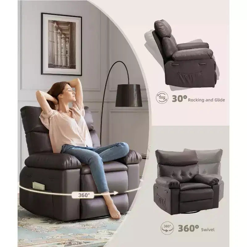 Fauteuil Inclinable Surdimensionné Chauffant et Massant, Pivotant à 360°, Bascule Manuelle