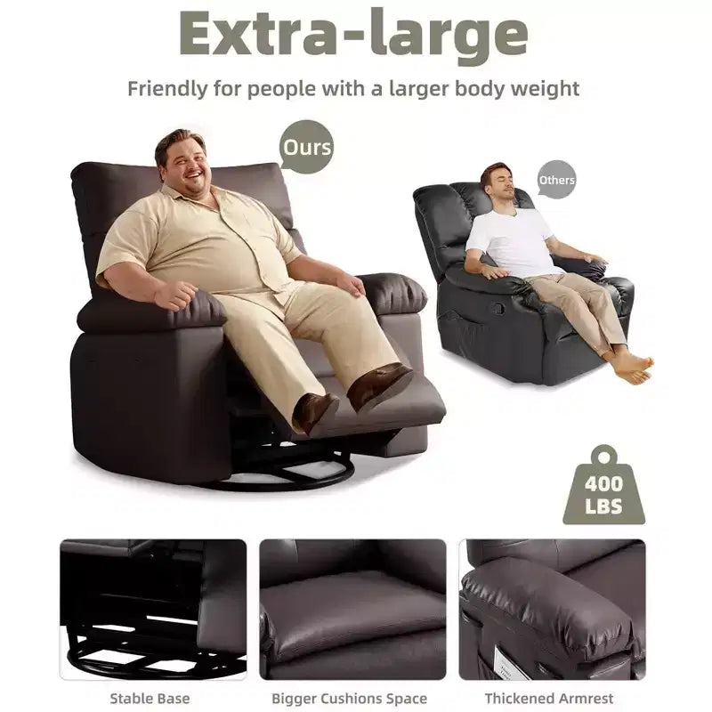 Fauteuil Inclinable Surdimensionné Chauffant et Massant, Pivotant à 360°, Bascule Manuelle