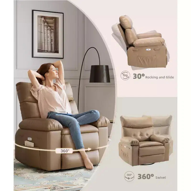 Fauteuil Inclinable Surdimensionné Chauffant et Massant, Pivotant à 360°, Bascule Manuelle