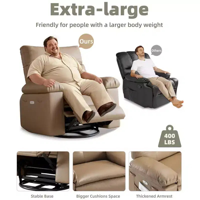 Fauteuil Inclinable Surdimensionné Chauffant et Massant, Pivotant à 360°, Bascule Manuelle