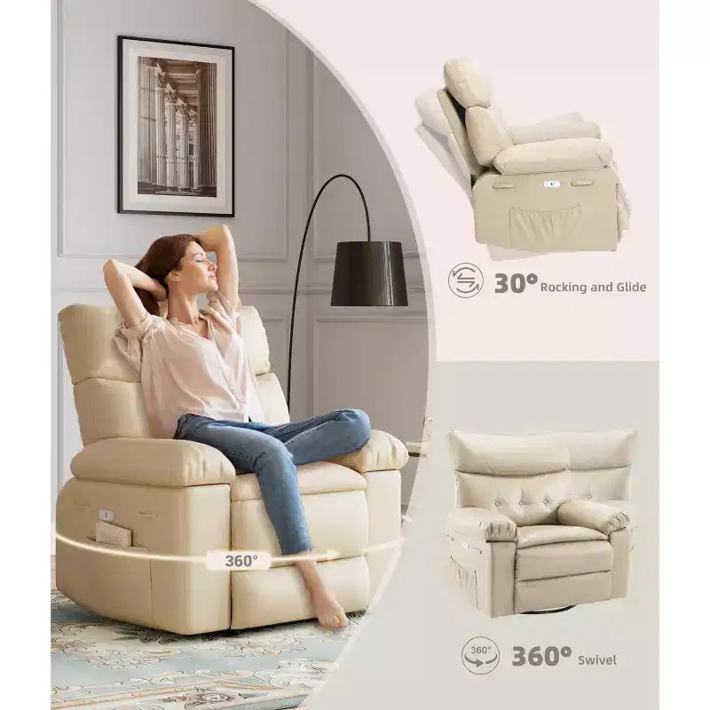 Fauteuil Inclinable Surdimensionné Chauffant et Massant, Pivotant à 360°, Bascule Manuelle