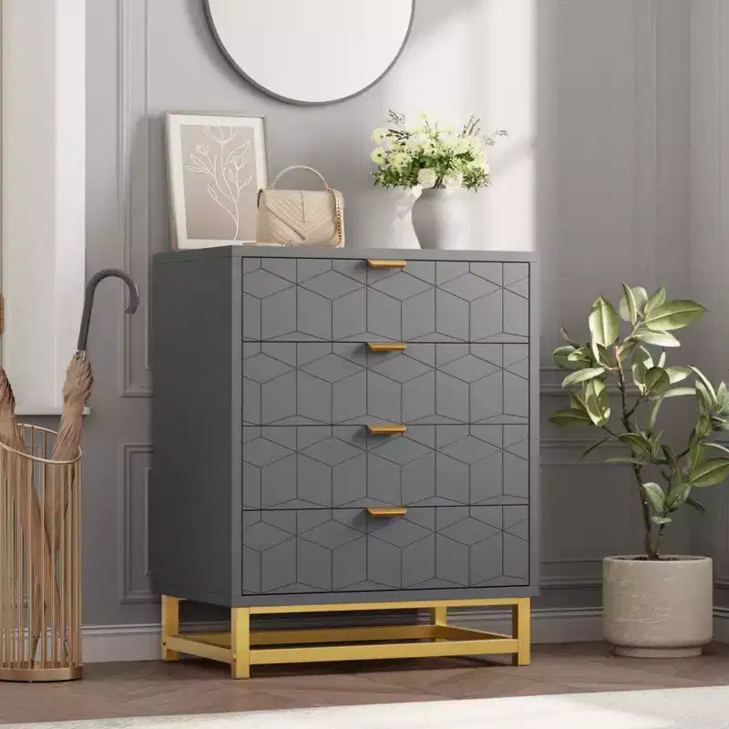 Commode moderne à 4 tiroirs avec poignées en métal doré pour chambre à coucher, salon, couloir, entrée