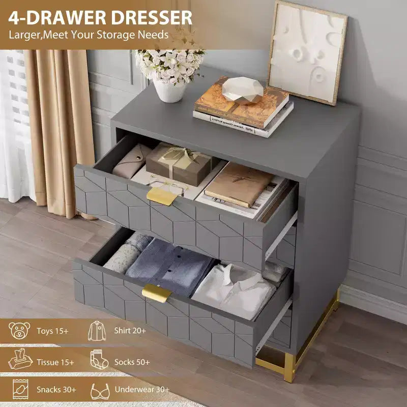 Commode moderne à 4 tiroirs avec poignées en métal doré pour chambre à coucher, salon, couloir, entrée