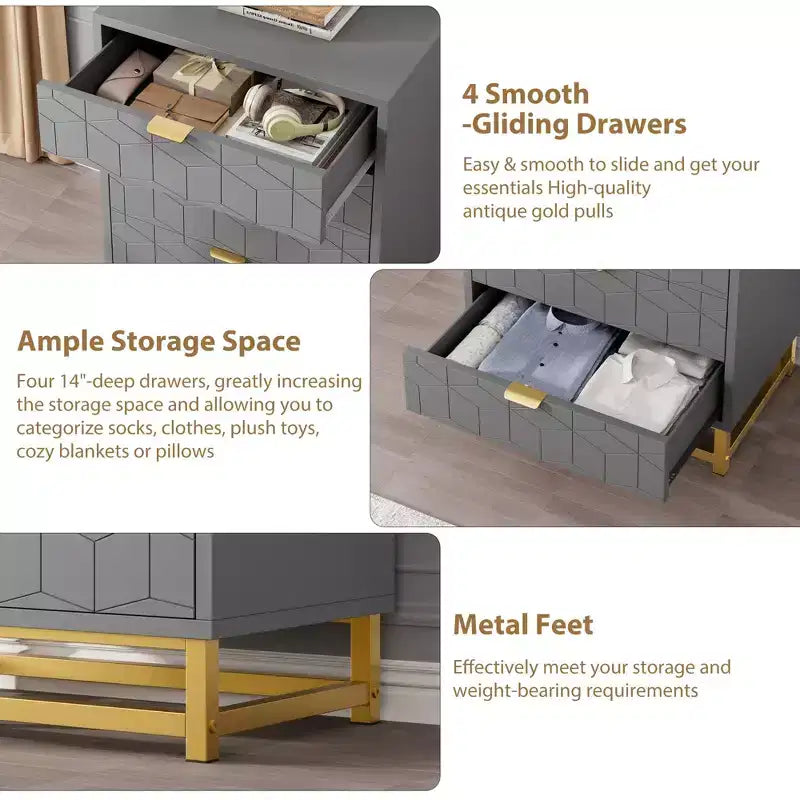 Commode moderne à 4 tiroirs avec poignées en métal doré pour chambre à coucher, salon, couloir, entrée