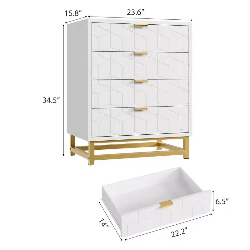 Commode moderne à 4 tiroirs avec poignées en métal doré pour chambre à coucher, salon, couloir, entrée