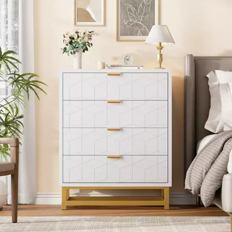 Commode moderne à 4 tiroirs avec poignées en métal doré pour chambre à coucher, salon, couloir, entrée