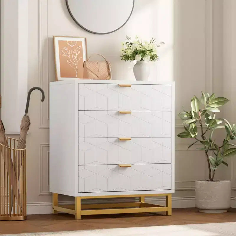 Commode moderne à 4 tiroirs avec poignées en métal doré pour chambre à coucher, salon, couloir, entrée