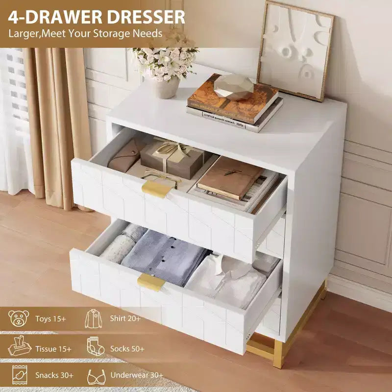 Commode moderne à 4 tiroirs avec poignées en métal doré pour chambre à coucher, salon, couloir, entrée