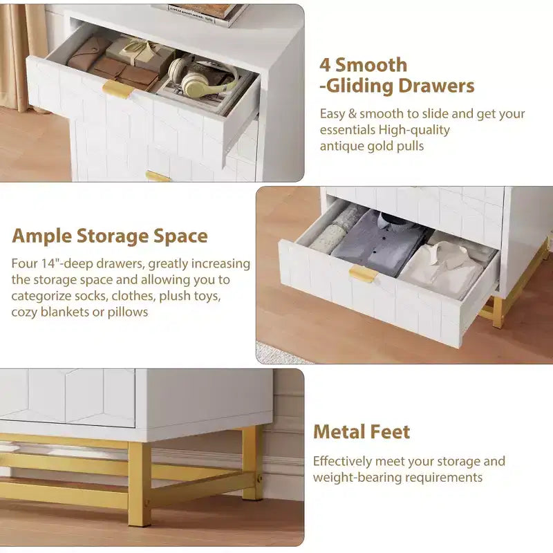 Commode moderne à 4 tiroirs avec poignées en métal doré pour chambre à coucher, salon, couloir, entrée