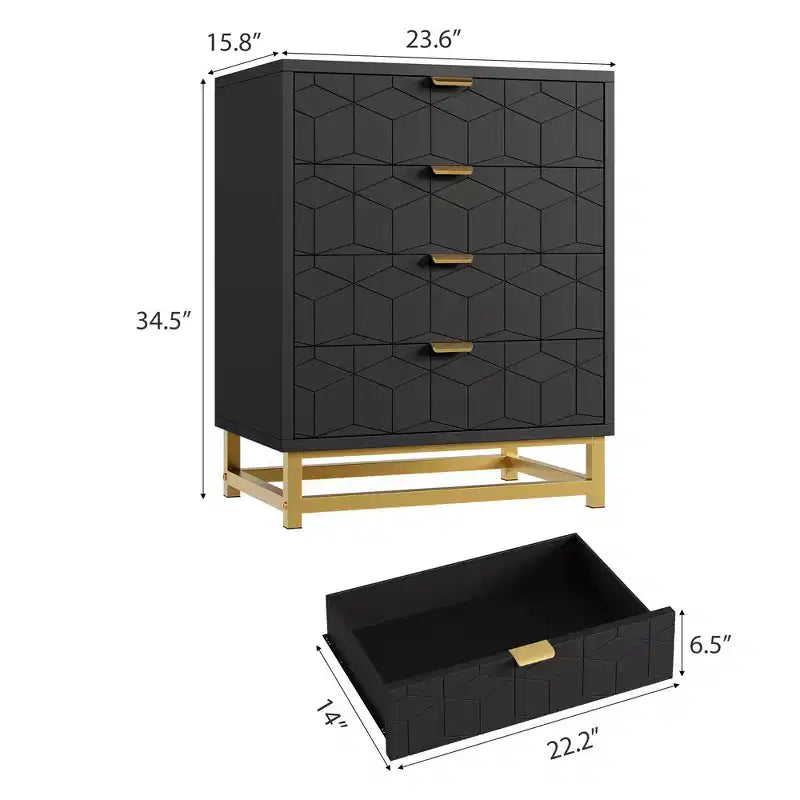 Commode moderne à 4 tiroirs avec poignées en métal doré pour chambre à coucher, salon, couloir, entrée
