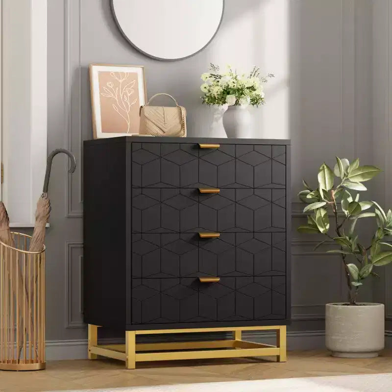 Commode moderne à 4 tiroirs avec poignées en métal doré pour chambre à coucher, salon, couloir, entrée