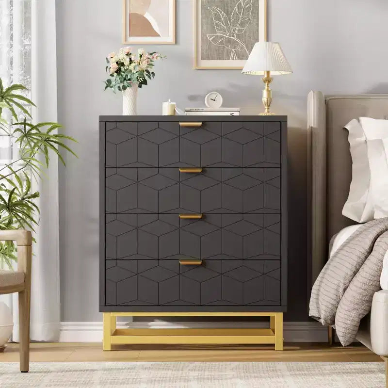 Commode moderne à 4 tiroirs avec poignées en métal doré pour chambre à coucher, salon, couloir, entrée