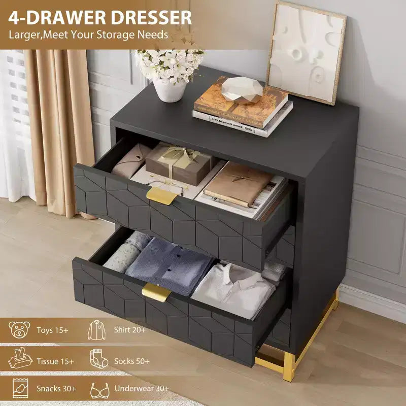 Commode moderne à 4 tiroirs avec poignées en métal doré pour chambre à coucher, salon, couloir, entrée