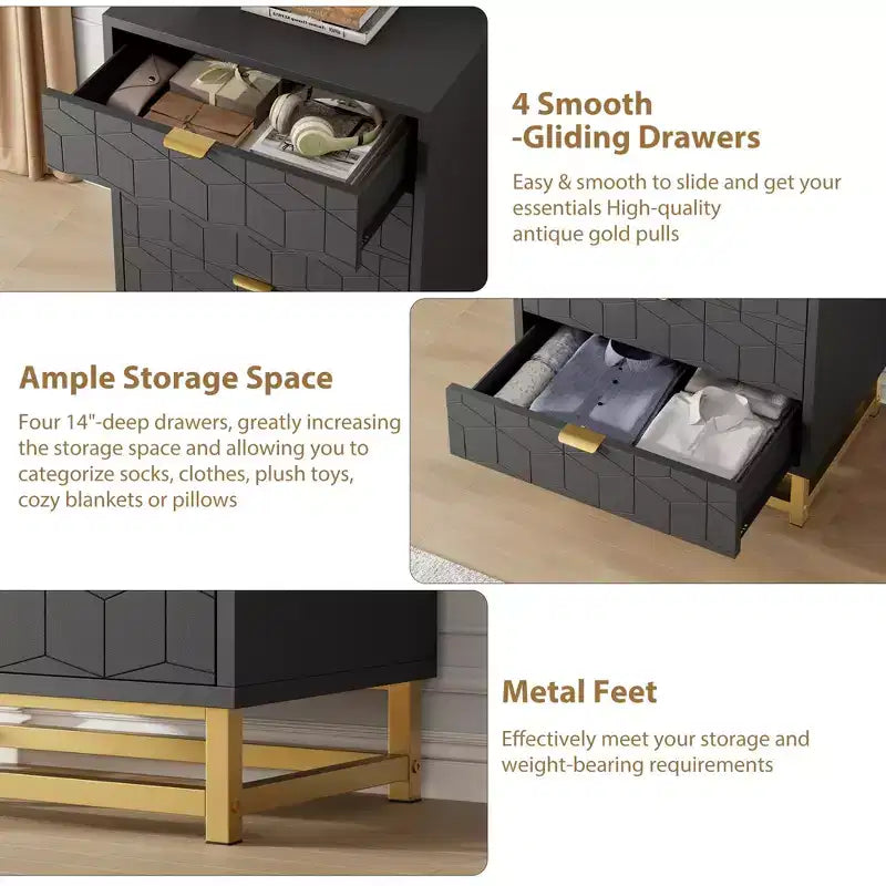 Commode moderne à 4 tiroirs avec poignées en métal doré pour chambre à coucher, salon, couloir, entrée