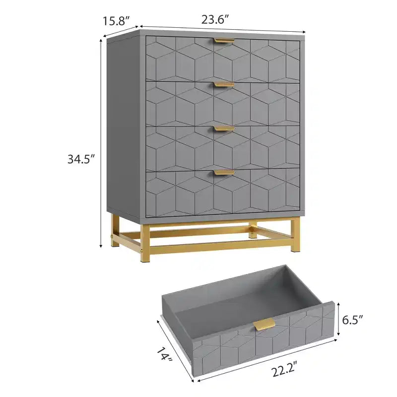 Commode moderne à 4 tiroirs avec poignées en métal doré pour chambre à coucher, salon, couloir, entrée