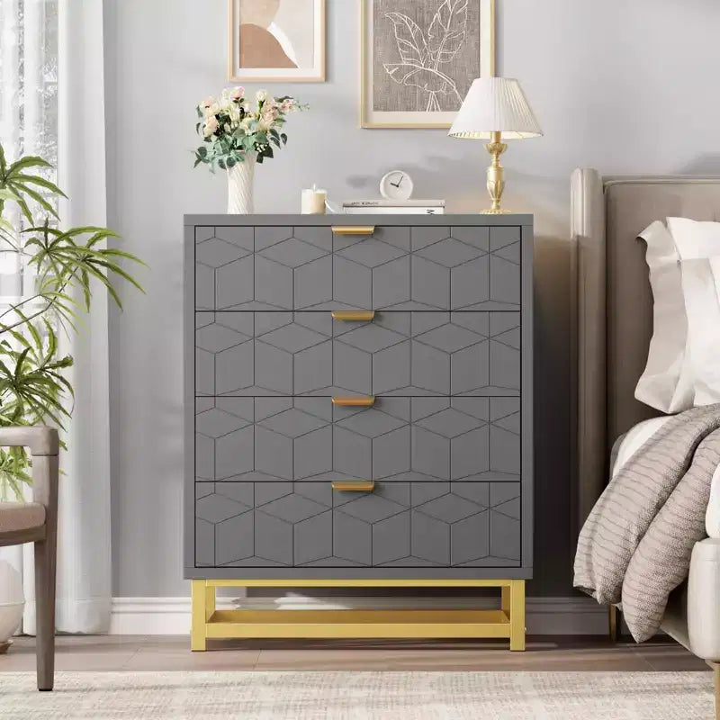 Commode moderne à 4 tiroirs avec poignées en métal doré pour chambre à coucher, salon, couloir, entrée