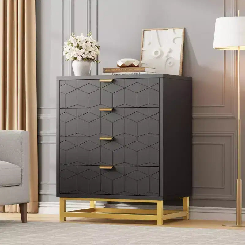 Modern 4 Drawer Dresser with Gold Metal Handles for Bedroom, Living Room, Hallway, Entryway